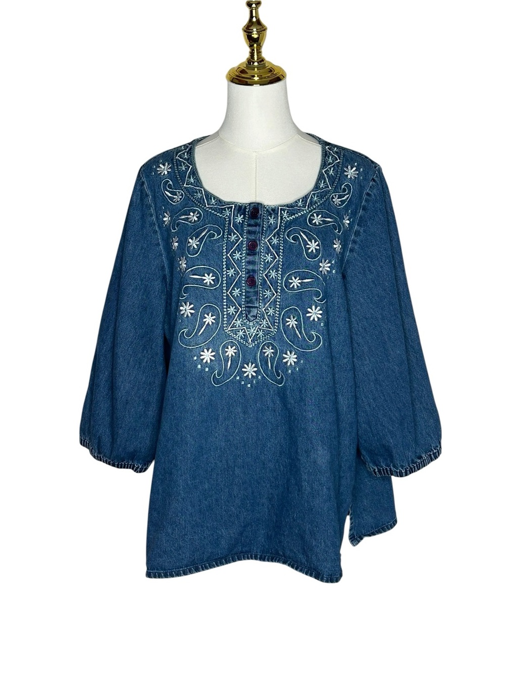 Gunit Boho Embroidered Denim Tunic Top Cottagecore Sz XL Western 3/4 Sleeve EUC